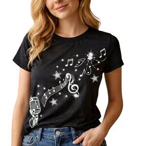 Music Microphone Shirt Womens S Black Star Note Graphic Stretch Tee